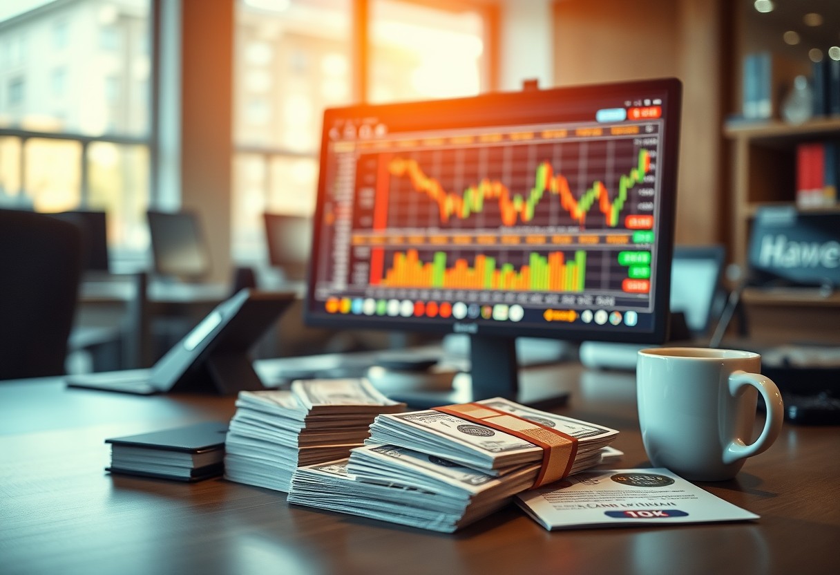 a computer screen and stacks of money