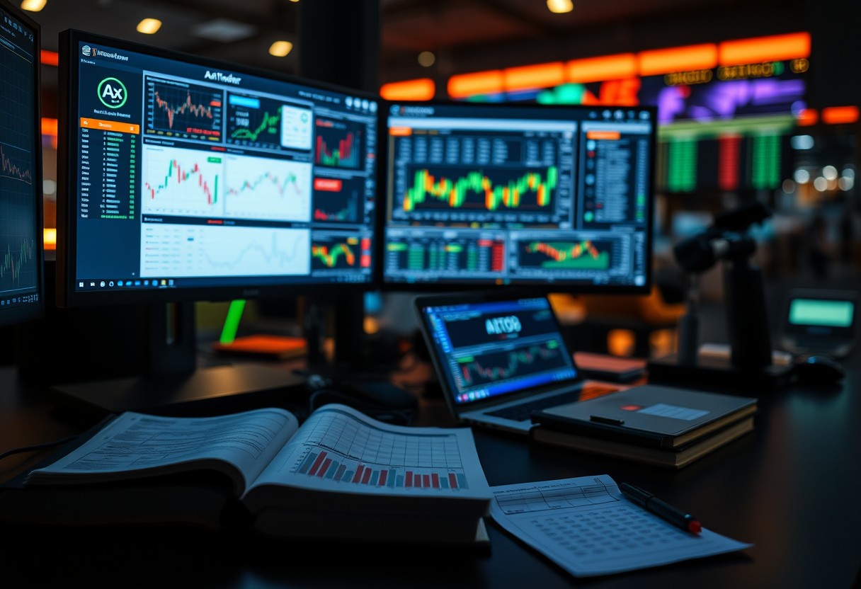 a desk with multiple computer monitors and a book