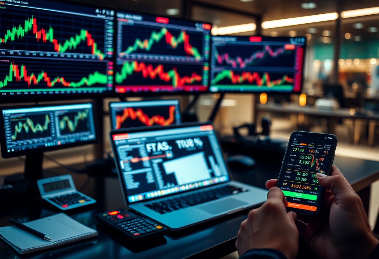 a person holding a phone and looking at a laptop