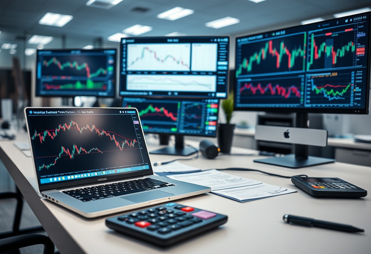 a laptop on a desk with multiple monitors