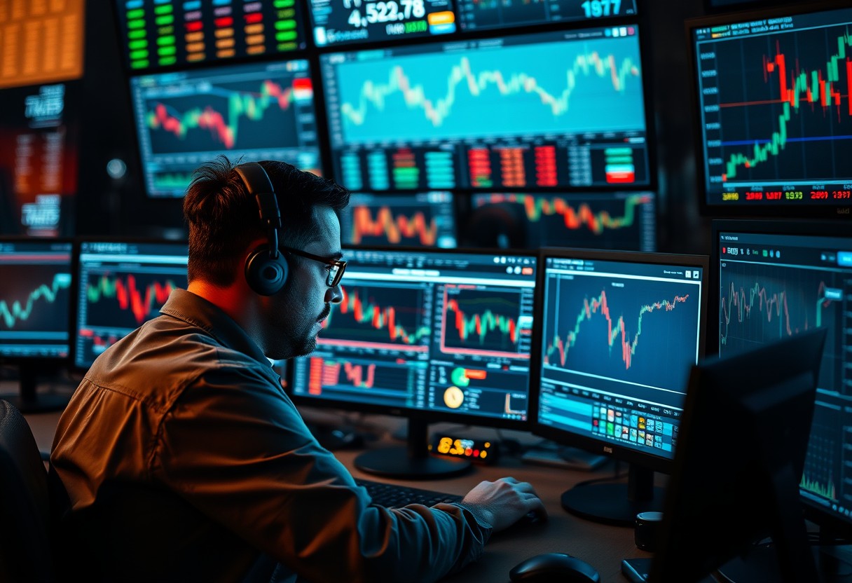 a man sitting at a desk with multiple computer screens