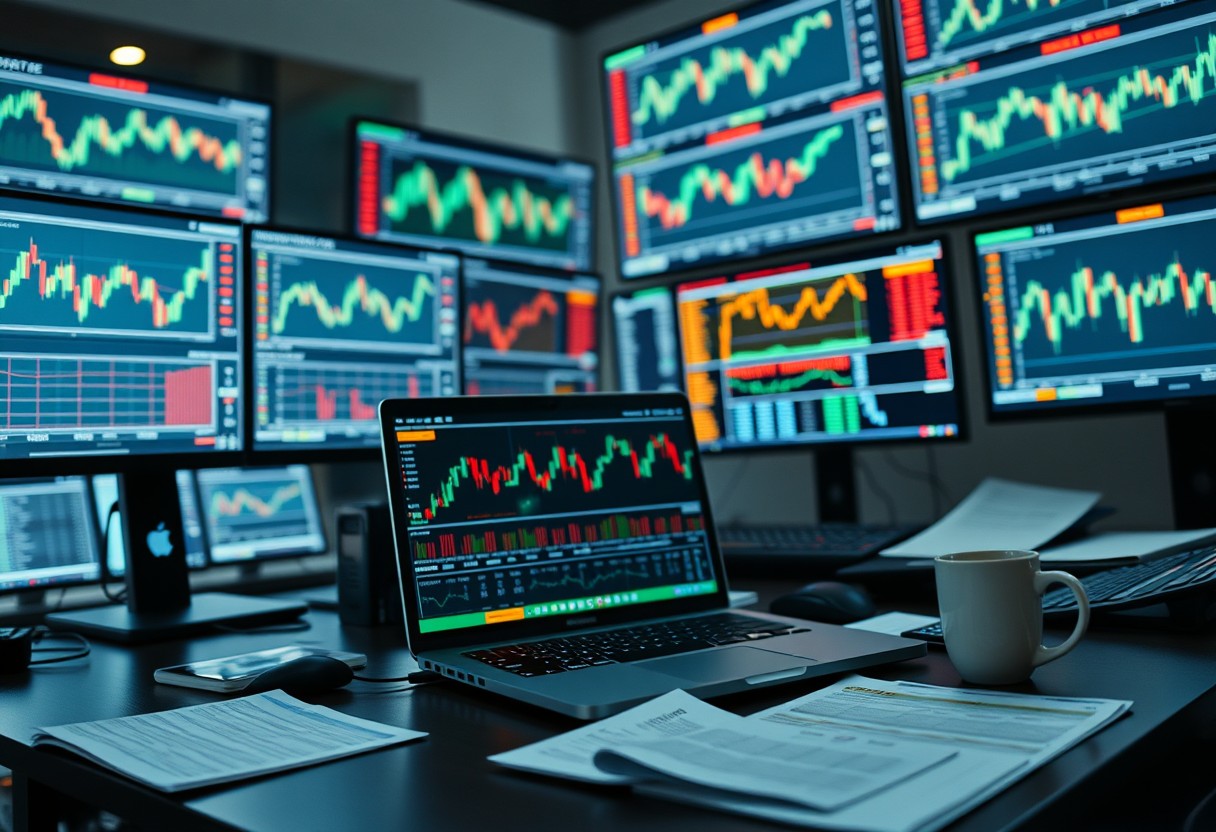 a laptop on a desk with multiple computer screens