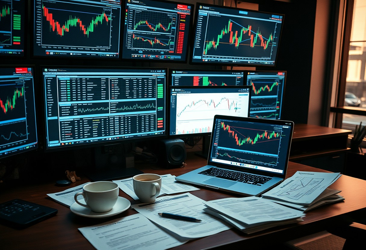 a desk with multiple computer screens and laptops