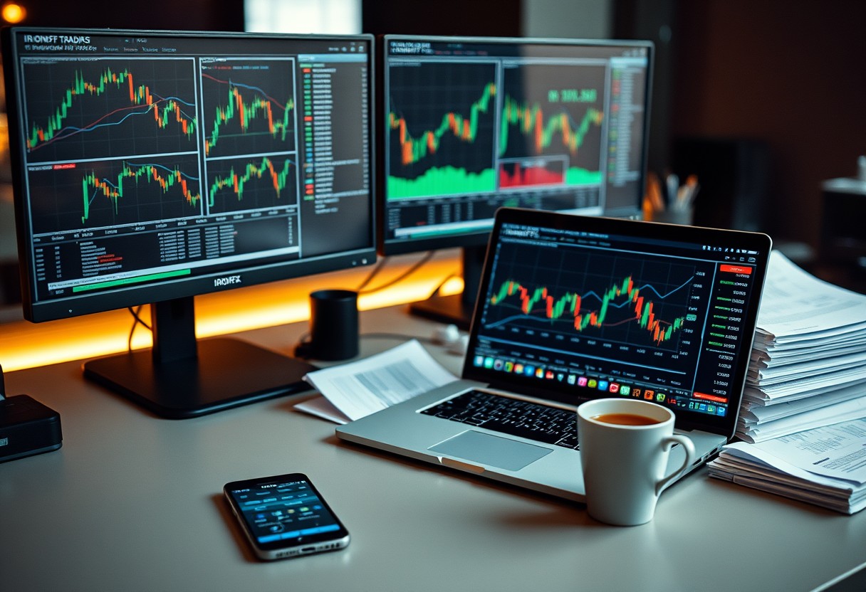 a laptop and a phone on a desk with multiple screens