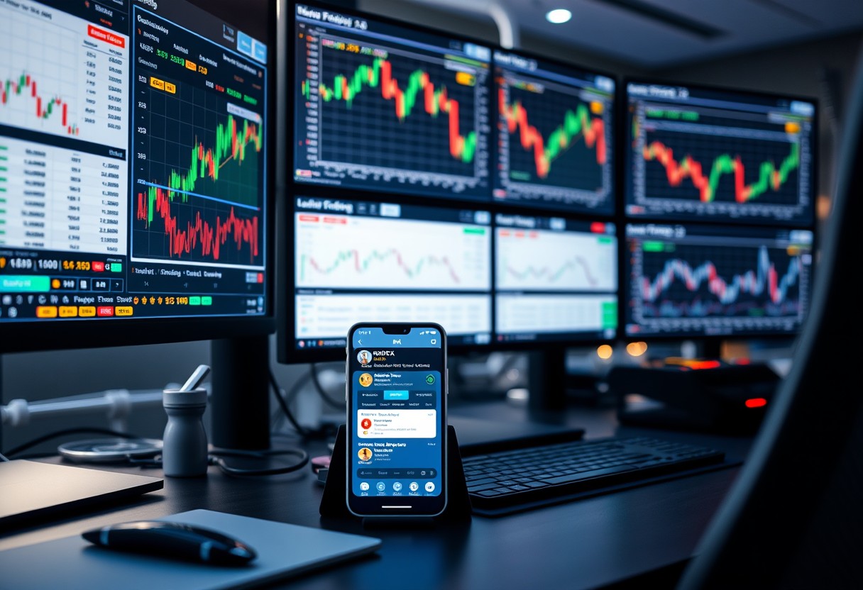 a phone on a desk with multiple computer screens