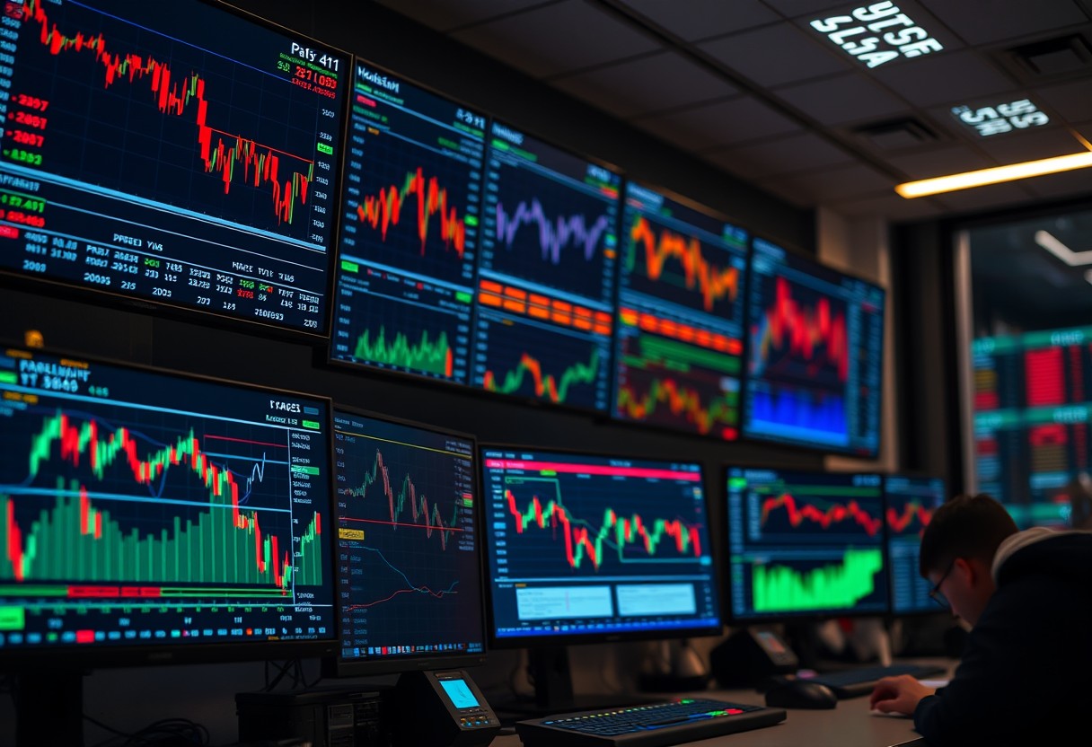a group of computer screens with graphs and charts