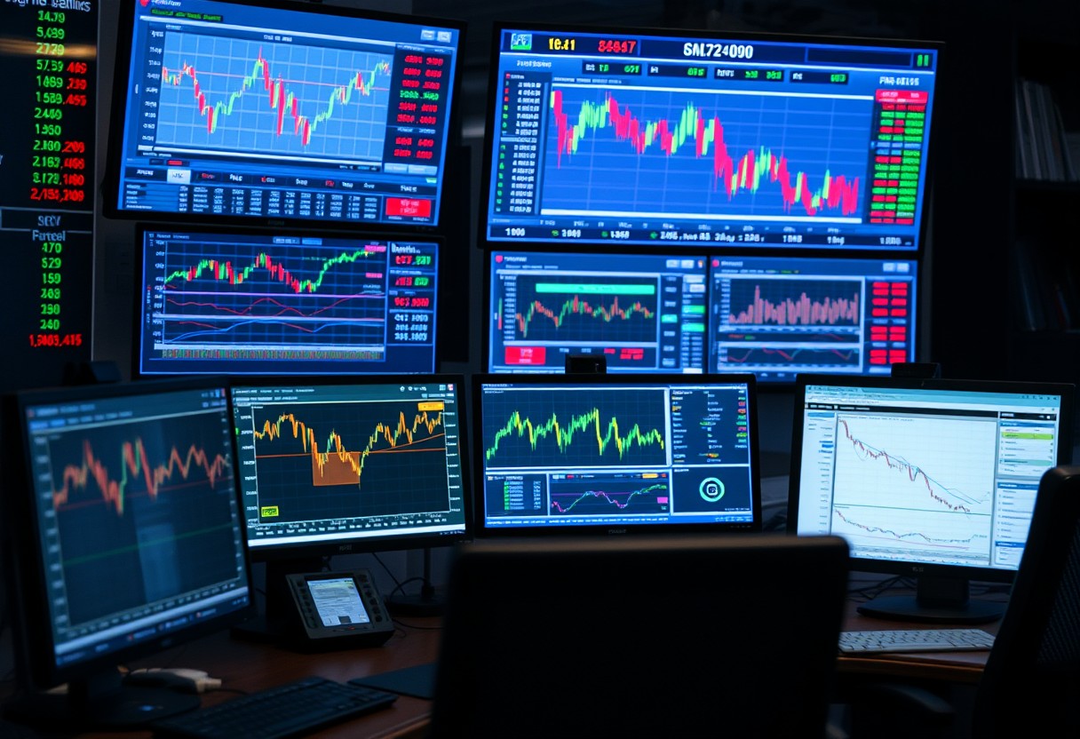 a group of computer monitors with graphs and charts